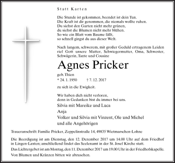 Traueranzeige von Agnes Pricker von Neue Osnabrücker Zeitung GmbH & Co. KG