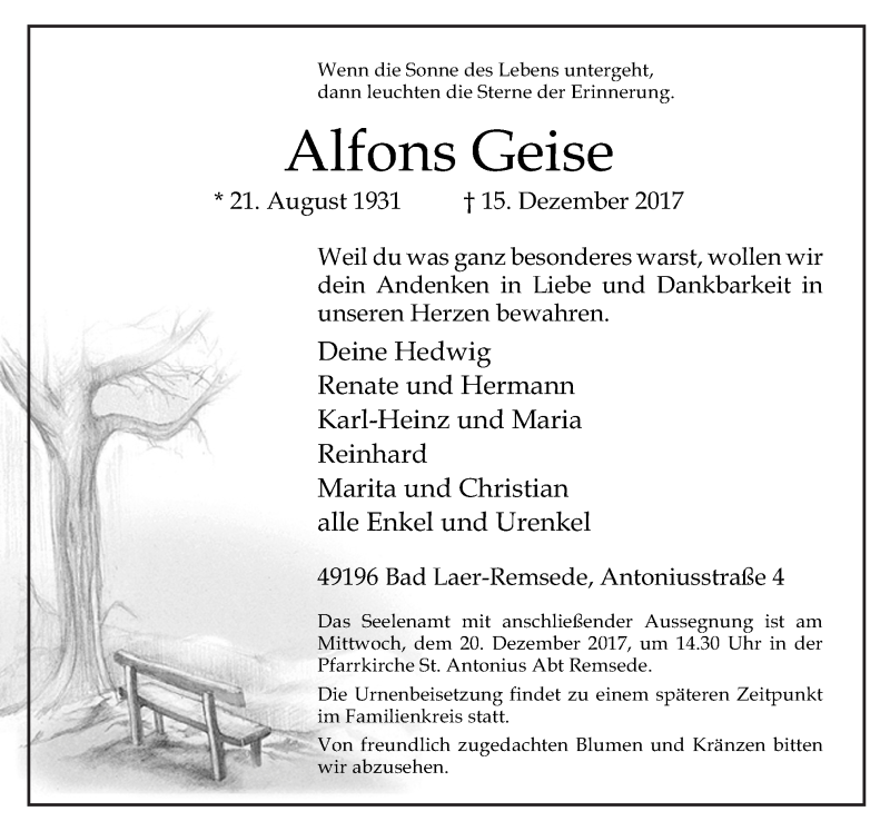  Traueranzeige für Alfons Geise vom 18.12.2017 aus Neue Osnabrücker Zeitung GmbH & Co. KG