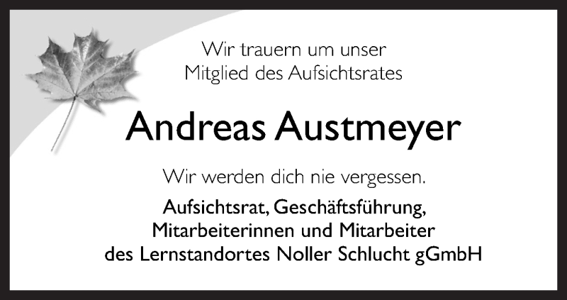  Traueranzeige für Andreas Austmeyer vom 09.12.2017 aus Neue Osnabrücker Zeitung GmbH & Co. KG