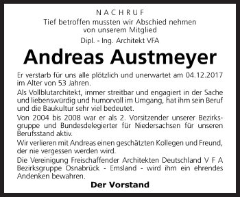 Traueranzeige von Andreas Austmeyer von Neue Osnabrücker Zeitung GmbH & Co. KG