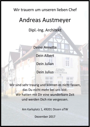 Traueranzeige von Andreas Austmeyer von Neue Osnabrücker Zeitung GmbH & Co. KG