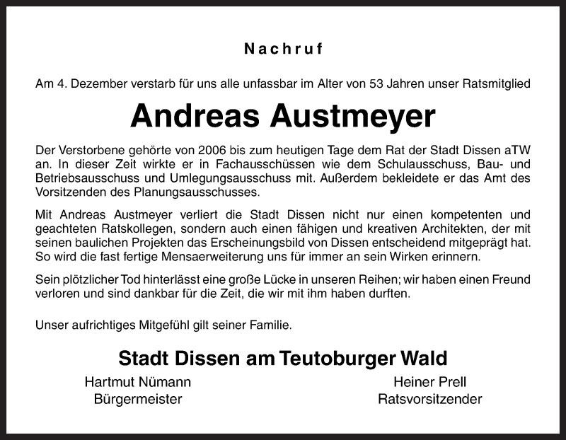  Traueranzeige für Andreas Austmeyer vom 09.12.2017 aus Neue Osnabrücker Zeitung GmbH & Co. KG