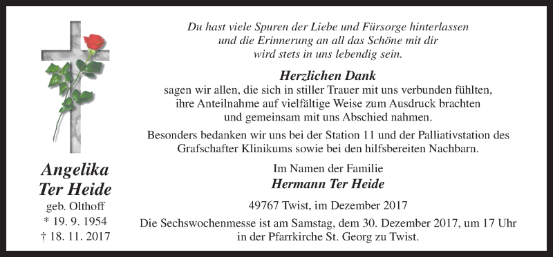  Traueranzeige für Angelika  Ter Heide vom 27.12.2017 aus Neue Osnabrücker Zeitung GmbH & Co. KG