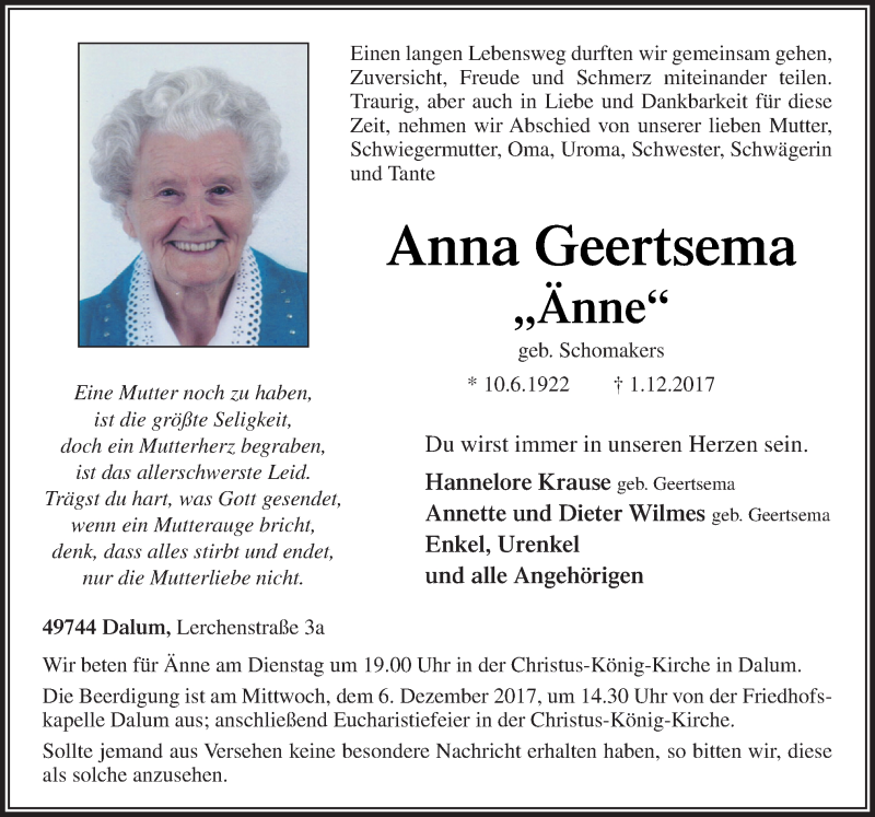 Traueranzeigen von Anna Geertsema | noz Trauerportal