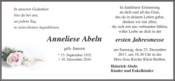 Traueranzeige von Anneliese Abeln von Neue Osnabrücker Zeitung GmbH & Co. KG