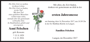 Traueranzeige von Anni Felschen von Neue Osnabrücker Zeitung GmbH & Co. KG