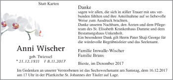 Traueranzeige von Anni Wischer von Neue Osnabrücker Zeitung GmbH & Co. KG