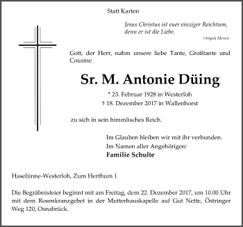 Traueranzeige von Antonie Düing von Neue Osnabrücker Zeitung GmbH & Co. KG