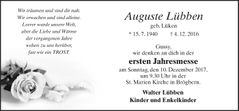 Traueranzeige von Auguste Lübben von Neue Osnabrücker Zeitung GmbH & Co. KG