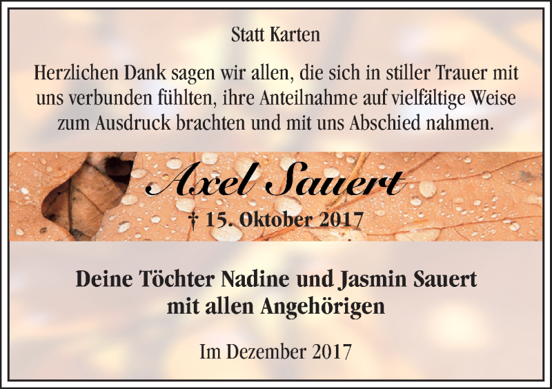  Traueranzeige für Axel Sauert vom 02.12.2017 aus Neue Osnabrücker Zeitung GmbH & Co. KG