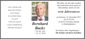 Traueranzeige von Bernhard Backs von Neue Osnabrücker Zeitung GmbH & Co. KG