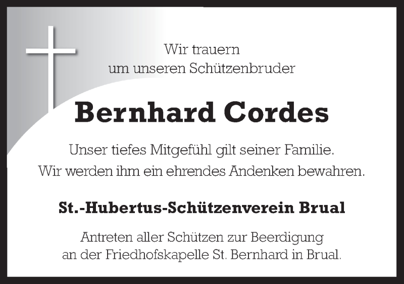  Traueranzeige für Bernhard Cordes vom 22.12.2017 aus Neue Osnabrücker Zeitung GmbH & Co. KG