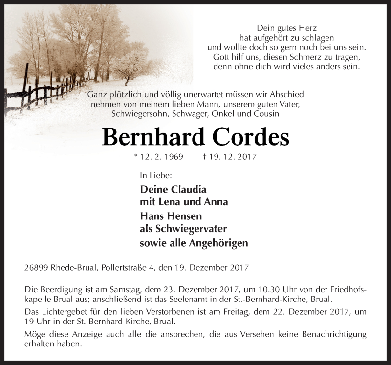  Traueranzeige für Bernhard Cordes vom 21.12.2017 aus Neue Osnabrücker Zeitung GmbH & Co. KG