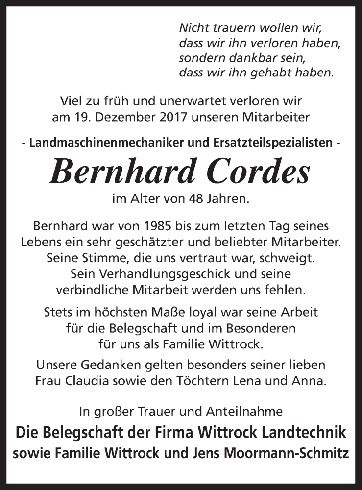 Traueranzeige für Bernhard Cordes vom 22.12.2017 aus Neue Osnabrücker Zeitung GmbH & Co. KG