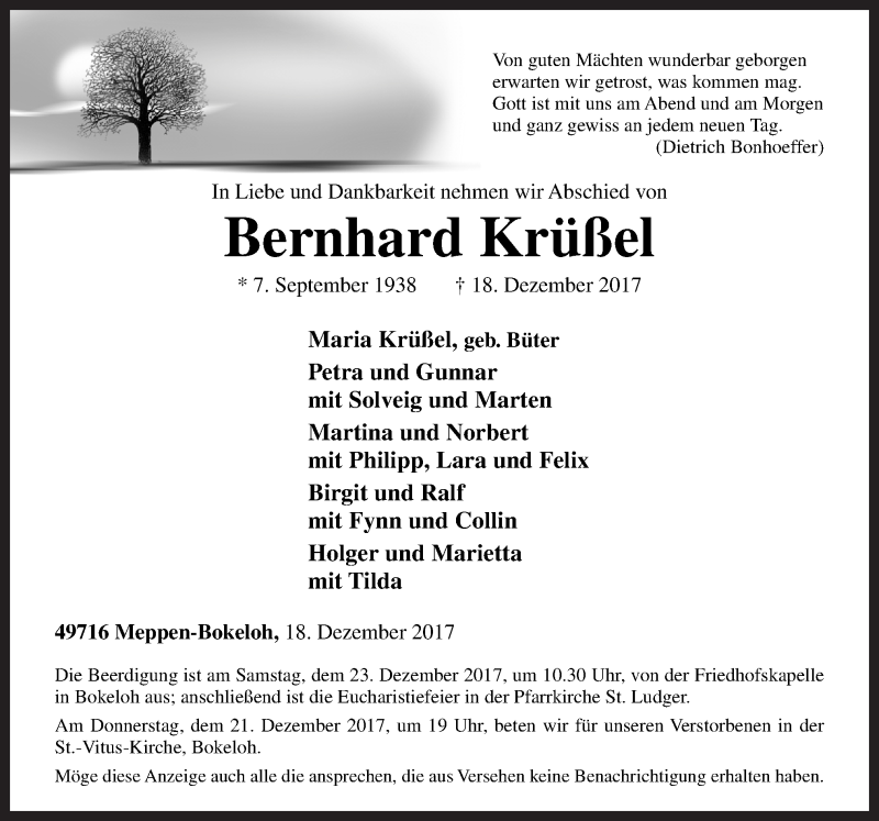  Traueranzeige für Bernhard Krüßel vom 21.12.2017 aus Neue Osnabrücker Zeitung GmbH & Co. KG