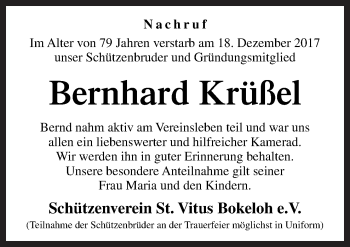 Traueranzeige von Bernhard Krüßel von Neue Osnabrücker Zeitung GmbH & Co. KG