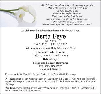 Traueranzeige von Berta Feye von Neue Osnabrücker Zeitung GmbH & Co. KG