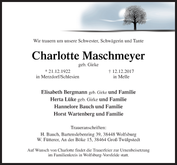 Traueranzeige von Charlotte Maschmeyer von Neue Osnabrücker Zeitung GmbH & Co. KG