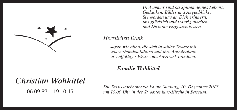  Traueranzeige für Christian Wohkittel vom 06.12.2017 aus Neue Osnabrücker Zeitung GmbH & Co. KG
