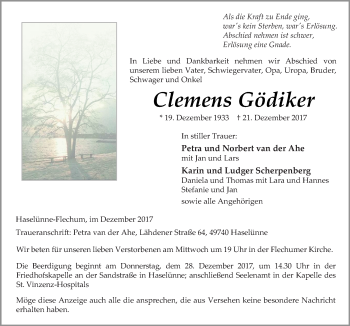 Traueranzeige von Clemens Gödiker von Neue Osnabrücker Zeitung GmbH & Co. KG