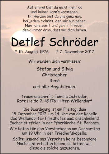 Traueranzeige von Detlef Schröder von Neue Osnabrücker Zeitung GmbH & Co. KG