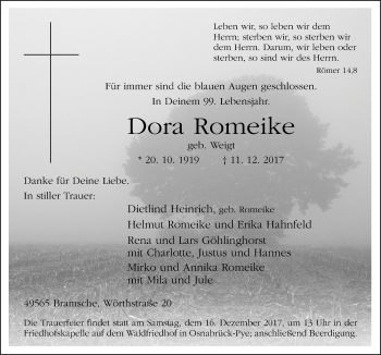 Traueranzeige von Dora Romeike von Neue Osnabrücker Zeitung GmbH & Co. KG