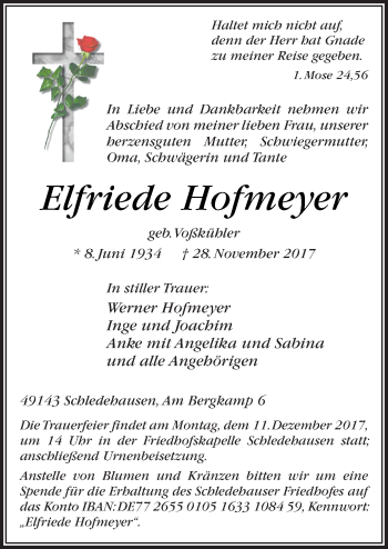 Traueranzeige von Elfriede Hofmeyer von Neue Osnabrücker Zeitung GmbH & Co. KG