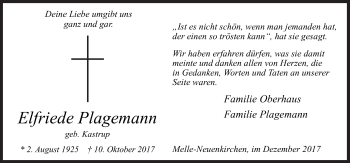 Traueranzeige von Elfriede Plagemann von Neue Osnabrücker Zeitung GmbH & Co. KG