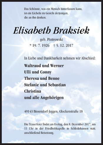 Traueranzeige von Elisabeth Braksiek von Neue Osnabrücker Zeitung GmbH & Co. KG