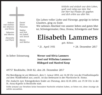 Traueranzeige von Elisabeth Lammers von Neue Osnabrücker Zeitung GmbH & Co. KG