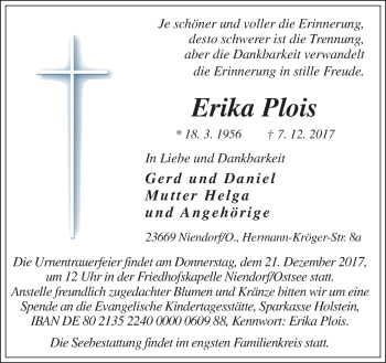 Traueranzeige von Erika Plois von Neue Osnabrücker Zeitung GmbH & Co. KG