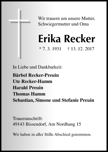 Traueranzeige von Erika Recker von Neue Osnabrücker Zeitung GmbH & Co. KG