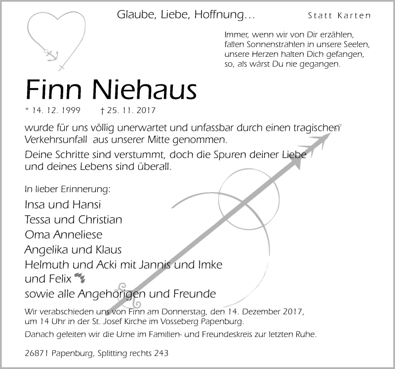  Traueranzeige für Finn Niehaus vom 02.12.2017 aus Neue Osnabrücker Zeitung GmbH & Co. KG