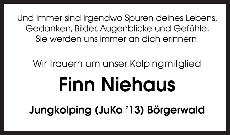  Traueranzeige für Finn Niehaus vom 02.12.2017 aus Neue Osnabrücker Zeitung GmbH & Co. KG