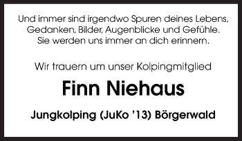 Traueranzeige von Finn Niehaus von Neue Osnabrücker Zeitung GmbH & Co. KG