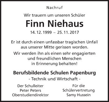 Traueranzeige von Finn Niehaus von Neue Osnabrücker Zeitung GmbH & Co. KG