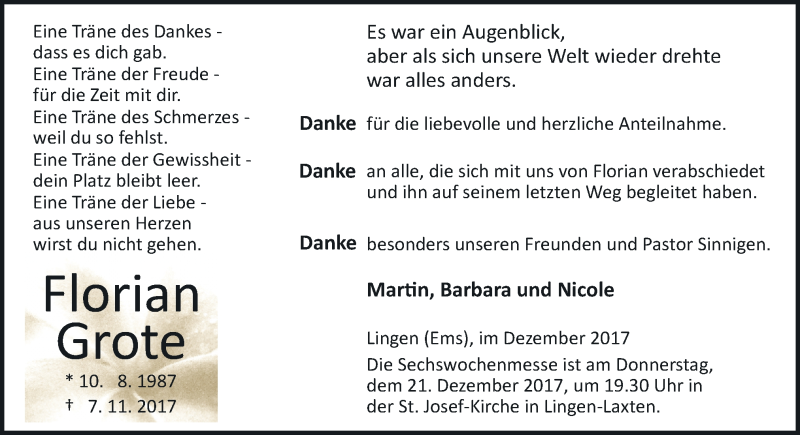  Traueranzeige für Florian Grote vom 16.12.2017 aus Neue Osnabrücker Zeitung GmbH & Co. KG