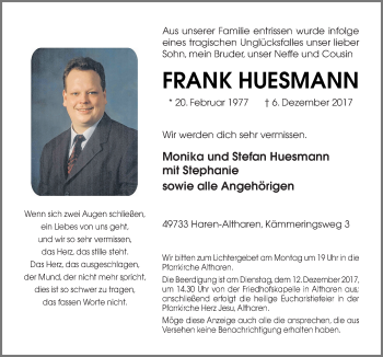 Traueranzeige von Frank Huesmann von Neue Osnabrücker Zeitung GmbH & Co. KG