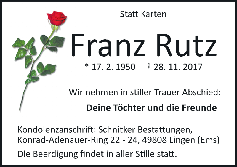  Traueranzeige für Franz Rutz vom 02.12.2017 aus Neue Osnabrücker Zeitung GmbH & Co. KG