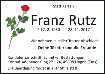 Traueranzeige von Franz Rutz von Neue Osnabrücker Zeitung GmbH & Co. KG