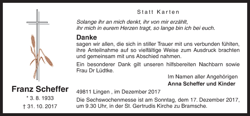  Traueranzeige für Franz Scheffer vom 14.12.2017 aus Neue Osnabrücker Zeitung GmbH & Co. KG