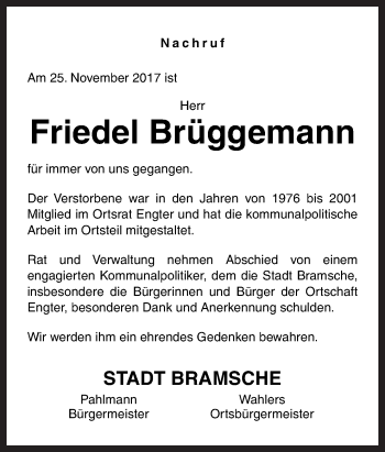 Traueranzeige von Friedel Brüggemann von Neue Osnabrücker Zeitung GmbH & Co. KG