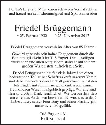 Traueranzeige von Friedel Brüggemann von Neue Osnabrücker Zeitung GmbH & Co. KG