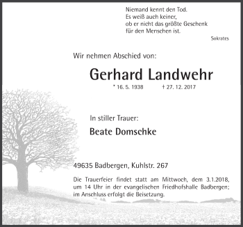 Traueranzeige von Gerhard Landwehr von Neue Osnabrücker Zeitung GmbH & Co. KG