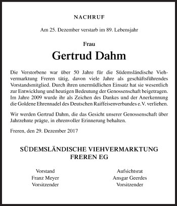 Traueranzeige von Gertrud Dahm von Neue Osnabrücker Zeitung GmbH & Co. KG