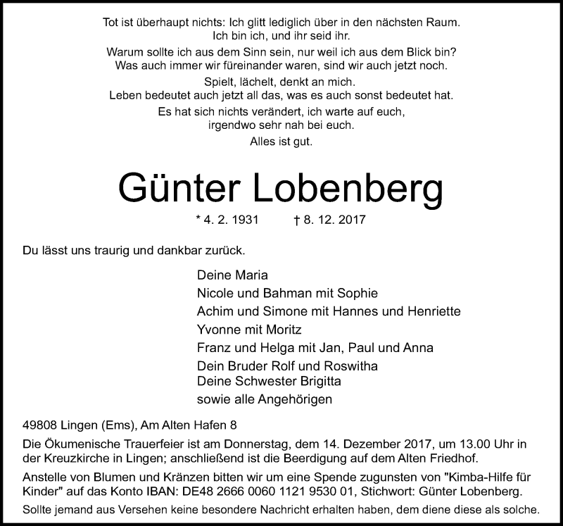  Traueranzeige für Günter Lobenberg vom 12.12.2017 aus Neue Osnabrücker Zeitung GmbH & Co. KG