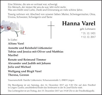 Traueranzeige von Hanna Varel von Neue Osnabrücker Zeitung GmbH & Co. KG