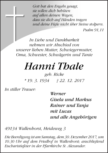 Traueranzeige von Hanni Thale von Neue Osnabrücker Zeitung GmbH & Co. KG