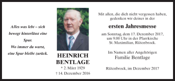 Traueranzeige von Heinrich Bentlage von Neue Osnabrücker Zeitung GmbH & Co. KG