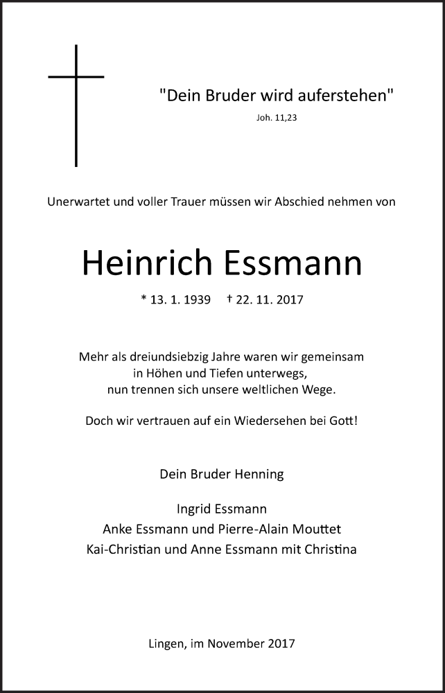  Traueranzeige für Heinrich Essmann vom 01.12.2017 aus Neue Osnabrücker Zeitung GmbH & Co. KG